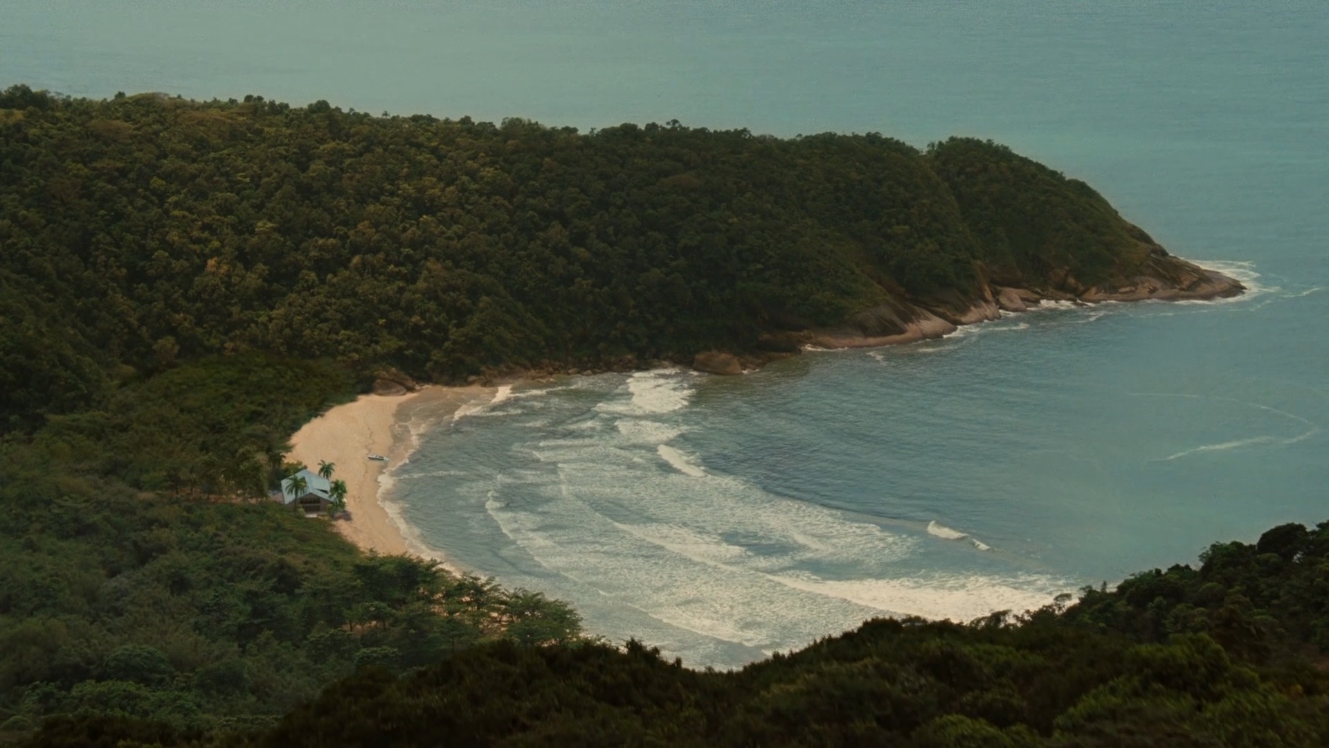 Aerial view of the secluded beach representing Isle Esme