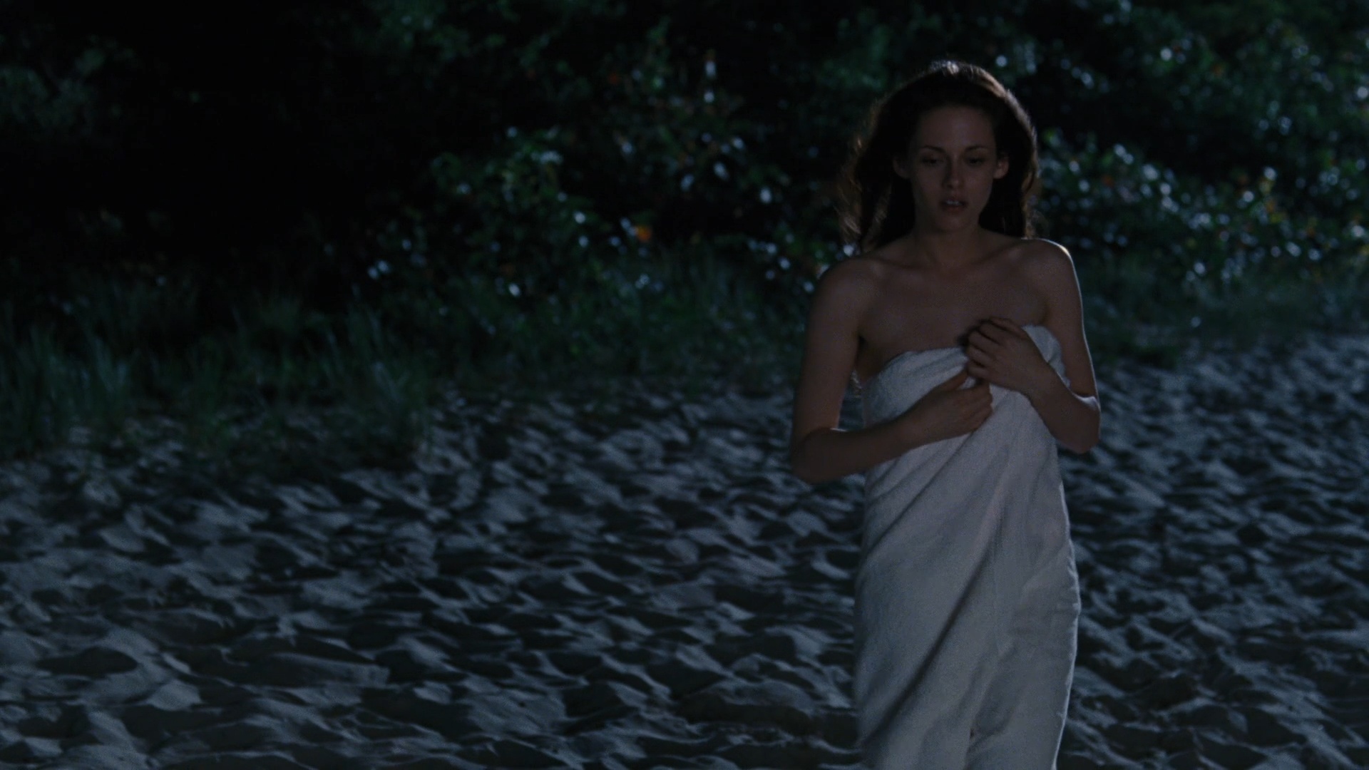 Bella crosses the beach at night
